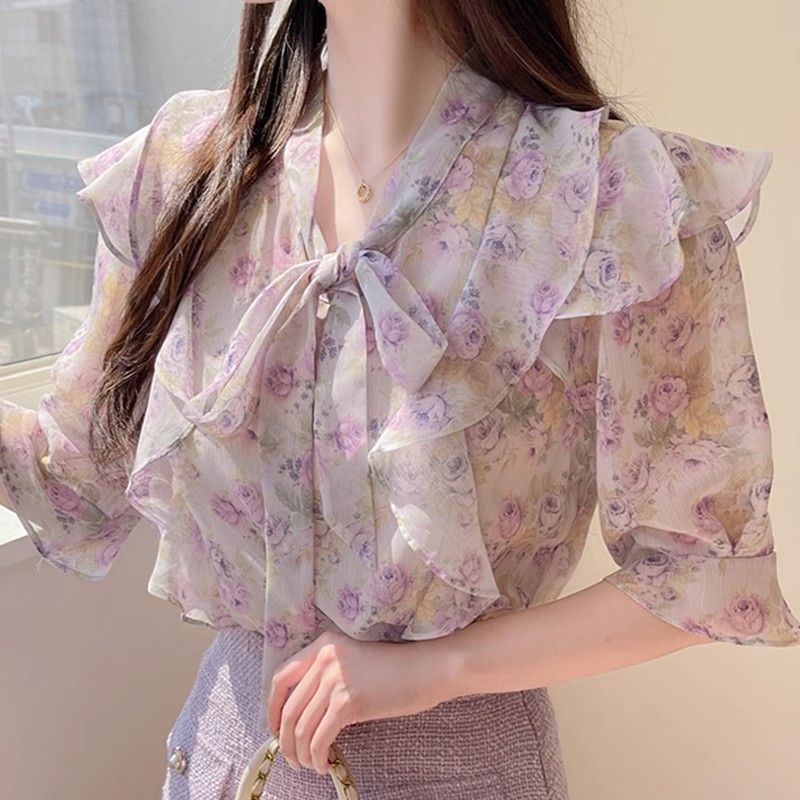 Romper Floral Print - Шифоновая женская блузка с цветочным принтом