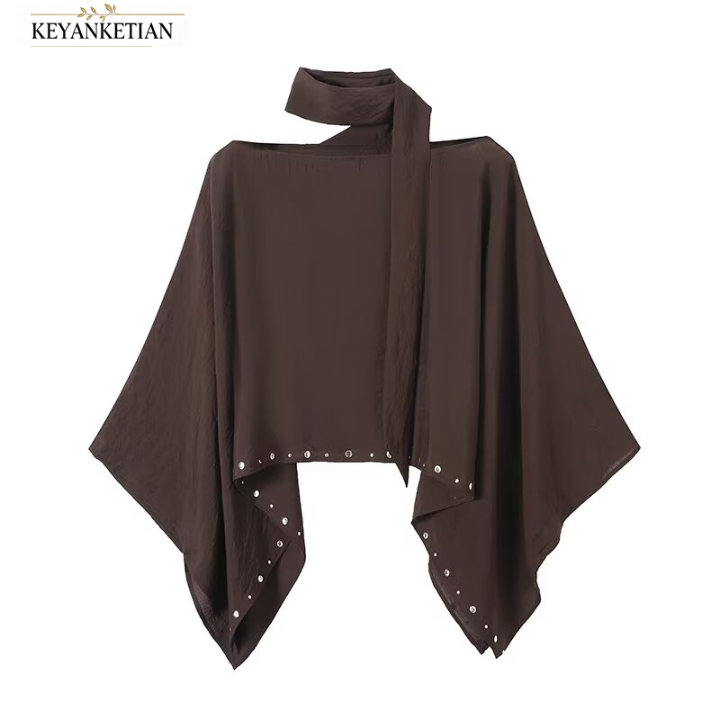 Blouse Off Shoulder - Топ-накидка KEYANKETIAN темно-коричневого цвета с открытыми