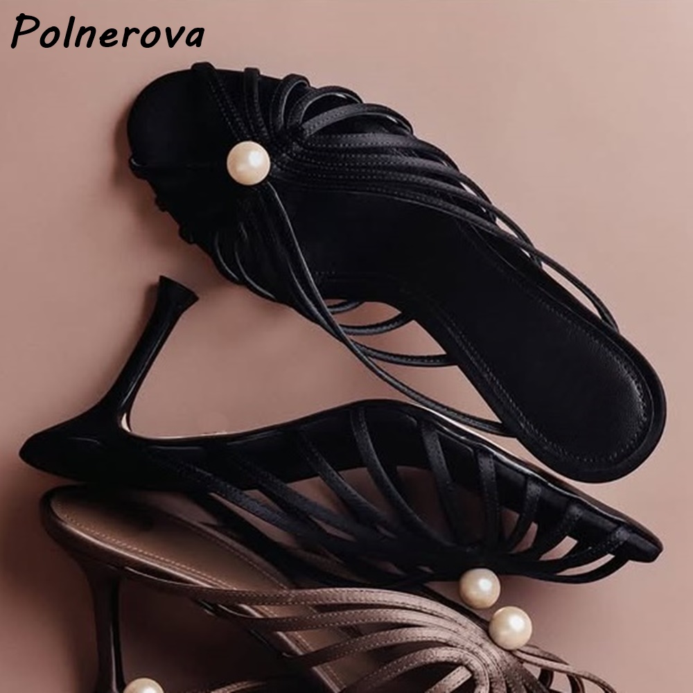 Sandal Strappy Heeled - Женские атласные мюли с жемчужным декором
